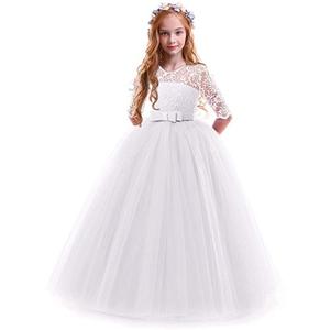 Flower Girl Wedding Bridesmaid 3/4 Sleeves Kids Floral Lace Pageant Communion Princess Dress Prom Evening Dance Gown White 9-10 Years 150