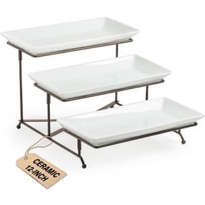 LAUCHUH 3 Tier Serving Tray for Party, Porcelain Tiered Serving Tray Stand Collapsible Sturdier Metal Rack Fruit Tray with 2 Cross Bars for Mother's Day Dessert Party Display Set, 12 Inch, Bronze
