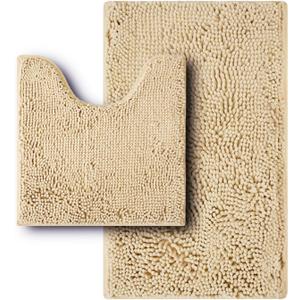 Bathroom Rugs Sets 2 Piece,Super Absorbent Soft,Thick,Machine Washable Chenille Bath Mat,Non Slip Toilet Floor Rug,Bath Mats for Bathroom,20x32 Plus 20x20 U Shape,Beige