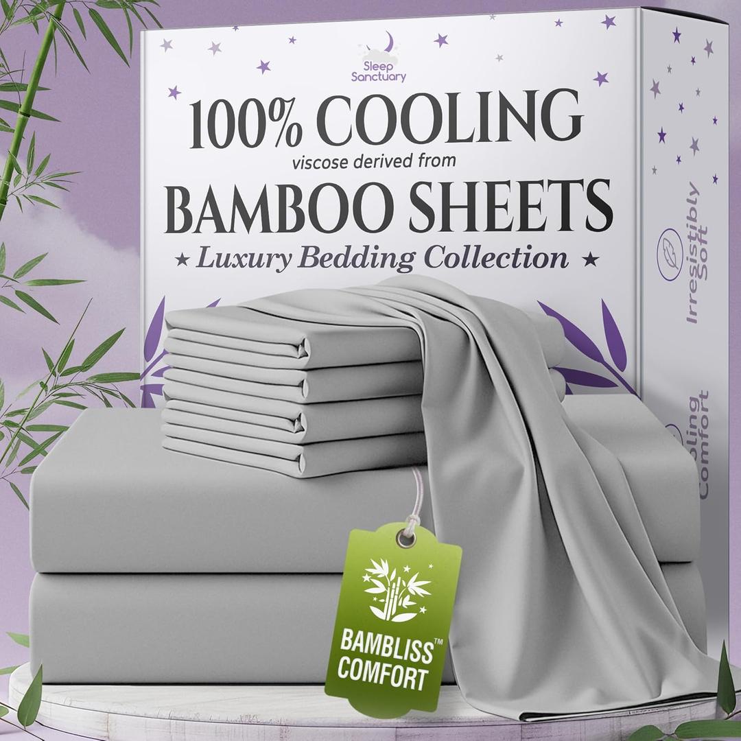 SLEEP SANCTUARY 100% Viscose Derived from Bamboo Sheets King Size 6pcs  BamBliss Luxury Cooling Sheets for Hot Sleepers - Cloud Soft, 17" Deep Pocket, Ultra Durable Bed Set (Light Grey)