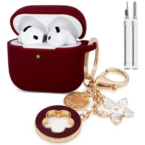 Koujaon Airpods 4 Cases Silicone Protective Case for Airpod 4 with Bling Keychain for Apple AirPods 4th Generation Wireless Earbuds with Cleaner Kit (Burgundy)