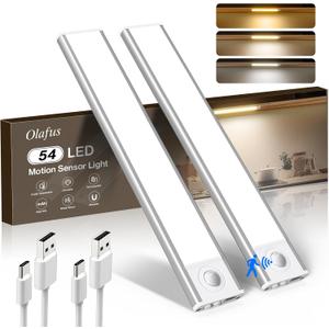 Olafus Under Cabinet Lighting, Motion Sensor 54 LED Under Cabinet Lights, 1500mAh USB Rechargeable Battery Operated Closet Lights, Dimmable& 3 Color Temperature, Stick On Magnetic for Kitchen (12inch)