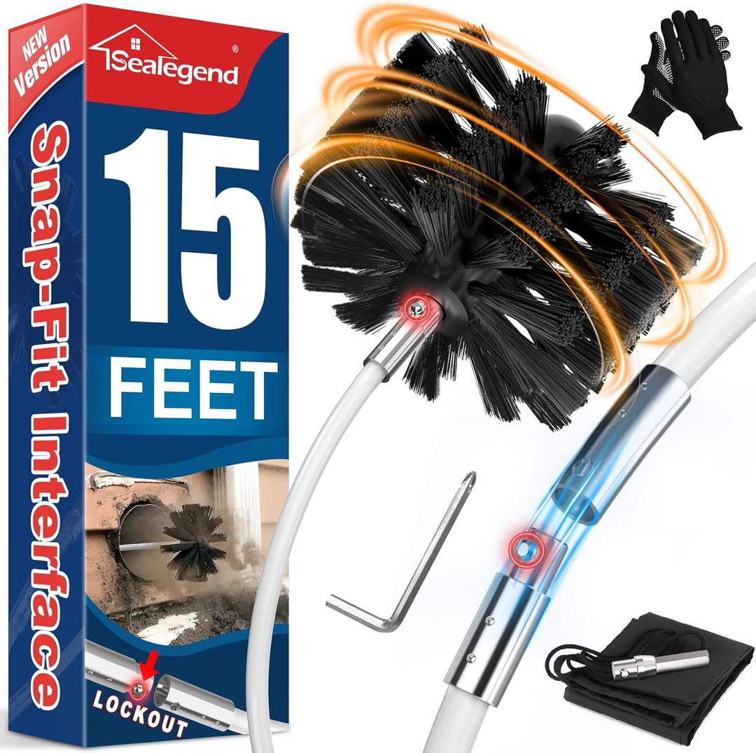 Sealegend 15 Feet Dryer Vent Cleaner Kit/Lint Remover/Upgraded Flexible Quick-Snap Brush with Drill Attachment/Fireplace Chimney Brushes for Easy to Clean/Cleaning Tool Use with or Without Power Drill