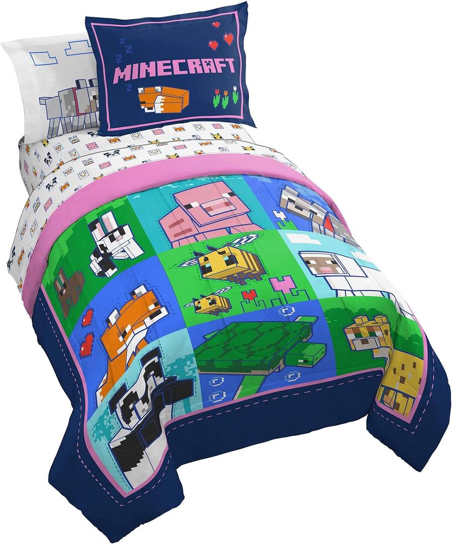 Jay Franco Minecraft Animal Patch 7 Piece Full Bed Set - Includes Comforter & Sheet Set Bedding - Super Soft Fade Resistant Microfiber (Official Minecraft Product), Full, Multi - Minecraft