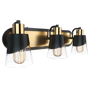 URSOLA Bathroom Vanity Light, 3 Lights Bathroom Light Fixtures, 19.7 inch Bathroom Light Fixtures Over Mirror Black and Gold, with Bevelled Edge and Clear Glass Shade Wall Lamp