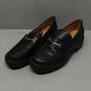 Womens Lug Sole Platform Mid Chunky Heel Loafers Classic Round Toe Slip On Office Uniform Oxfords Shoes with Metal Chain,  8.5