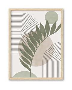 HesenDot 12x16in Sage Green Framed Wall Art, Abstract Leaf Geometric Design, Boho Minimalist Art Poster, Green Tones Botanical Canvas Print, Modern Home Decor for Living Room Bedroom Office, Set of 1