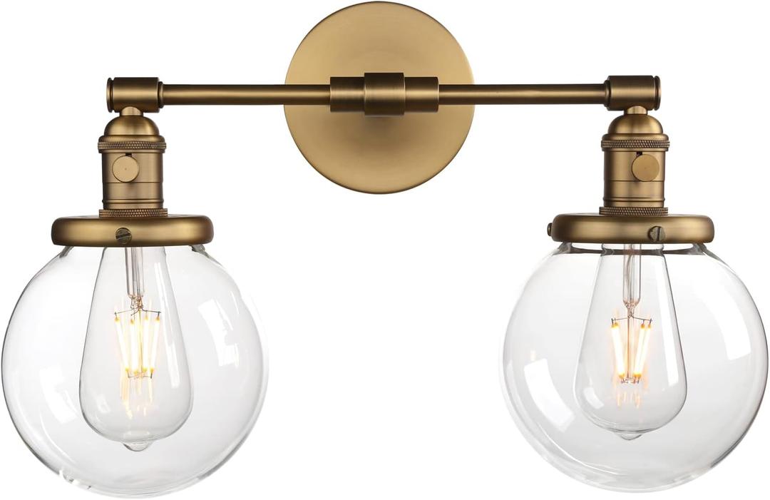Phansthy Vintage Double Sconces Bathroom Wall Lighting with 5.9 Inches Globe Clear Glass, Modern Hardwired Sconces Wall Decor Light Fixtures for Bathroom Bedroom Mirror Living Room Hallway (Antique)