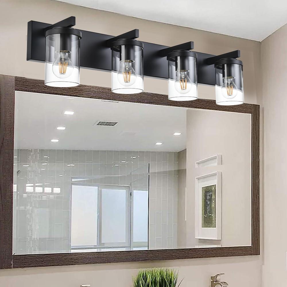 BONLICHT Modern Wall Bathroom Vanity Light Fixture 4 Light Black Metal with Clear Glass Shade,Industrial Vintage Farmhouse Wall Mount Lighting Sconce Bath Lighting Over Mirror for Kitchen Hallway BONLICHT Modern Wall Bathroom Vanity Light Fixture 4 Light Black Metal with Clear Glass Shade,Industrial Vintage Farmhouse Wall Mount Lighting Sconce Bath Lighting Over Mirror for Kitchen Hallway