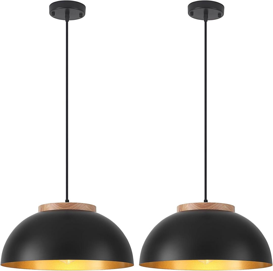 Large Pendant Lights, 16" Black Pendant Light for Kitchen Island, Farmhouse Pendant Light Fixtures for Dining Room, Living Room, Bedroom, Bar, Vintage Pendant Lamp with Wooden Holder, 2 Pack