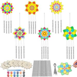 Silipull 24 Sets Lotus Wind Chimes Craft for Kids Color Your Own Windchime DIY Unfinished Wood Hanging Ornaments Coloring Wind Chime for Kids Gifts School Home and Party Supplies