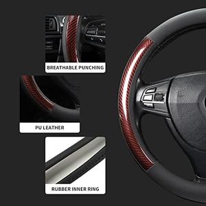 Microfiber Leather 15" Universal Fit Car Steering Wheel Cover, Elastic Breathable and Odorless, Black with Red Accent (Medium (14.5" - 15"))