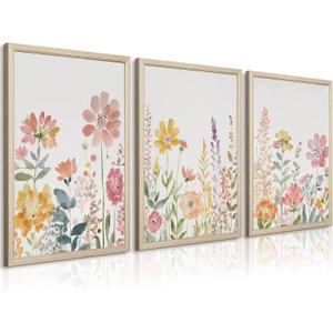 Watercolor Wildflower Wall Art Decor Colorful Flower Pictures Canvas Floral Botanical Wall Art Vintage Prints Poster Floral Painting Artwork for Living Room Bedroom 16x24 Inch Framed Set of 3
