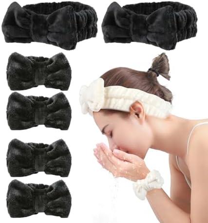 6PC Spa Headband and Wristband Set for Face Washing & Skincare - Soft Microfiber Makeup Headband with Wrist Bands for Women & Girls, Pink + White, Skincare Essentials(Black)