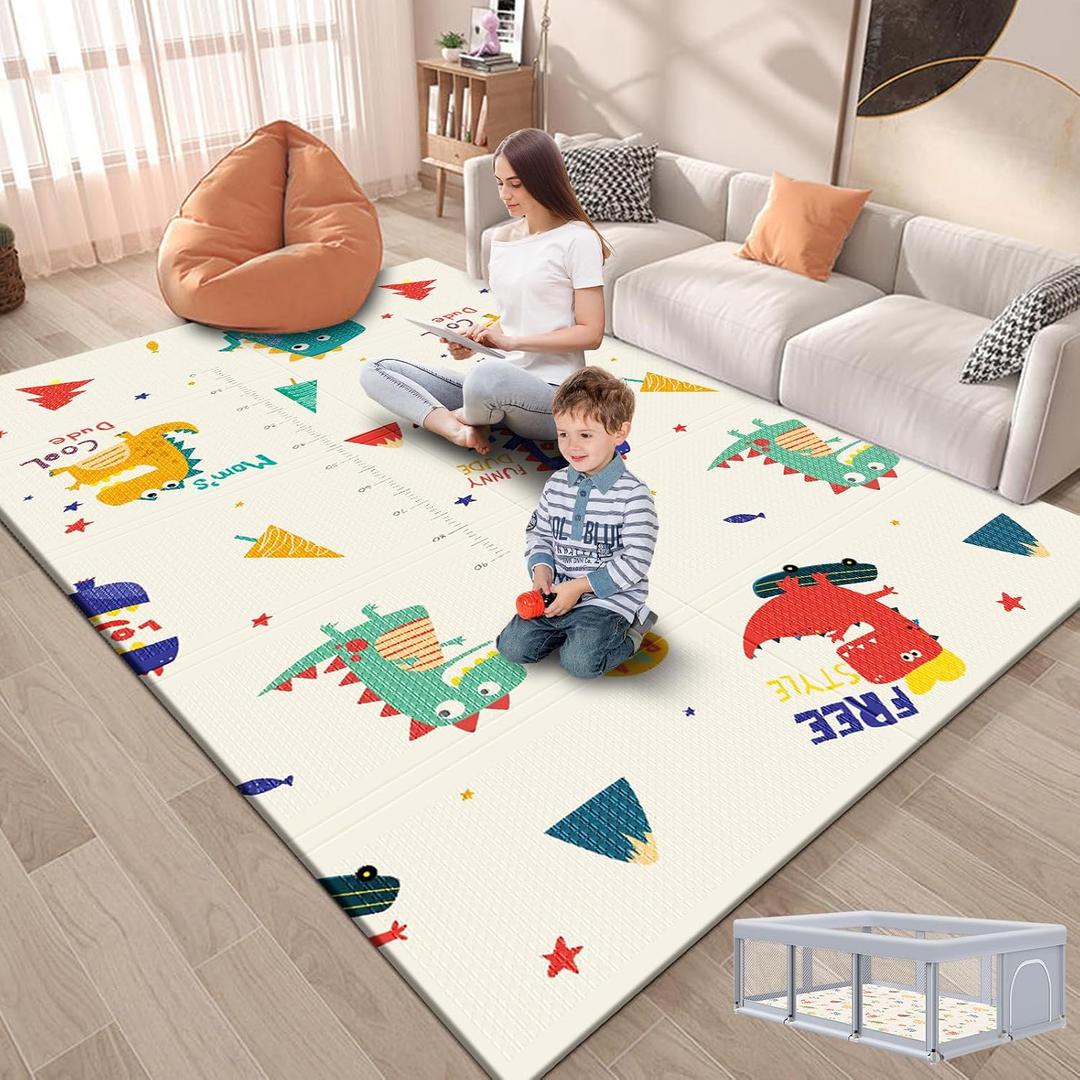 Fshibila 74" × 50“ Baby Play Mat for Floor, Baby Playmat for Playpen, Thick Ultra Soft Playpen Mat for Playing or Crawling, Provides Cushioning, Double-Sided Pattern (0.4" Thick)