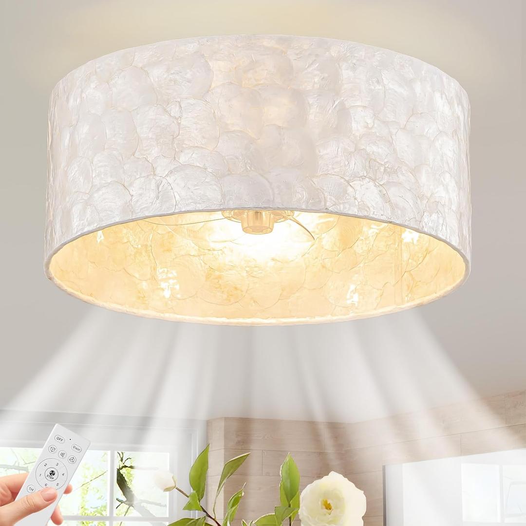 Boho Coastal Ceiling Fan with Lights and Remote, Enclosed Caged Design with Shell Lampshade Fandelier for Bedroom, Nursery, Foyer, Kitchen (6 Speeds)