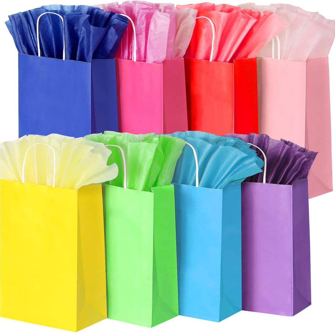 BLEWINDZ 32 Pcs Gift Bags with 32 Tissues, 8 Colors Party Bags with Handles, 13.2" Large Size Rainbow Goodie Bags for Wedding, Birthday, Party Supplies and Gifts