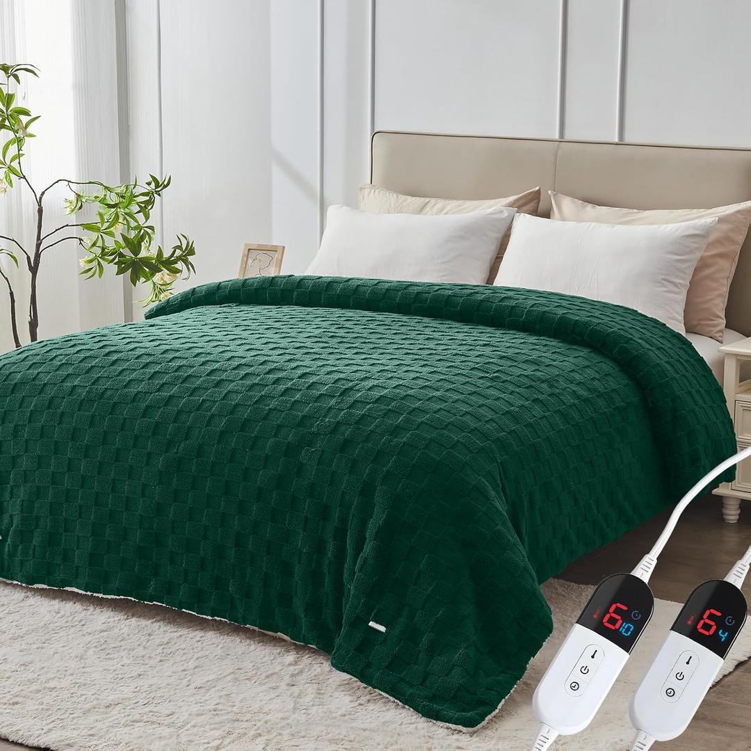 Electric Heated Blanket Queen Size Dual Control - Jacquard Checkered Sherpa 84"x90" Fast Heating Bed Blankets with 6 Heating Levels & 10 Hours Auto Off, Over-Heat Protection ETL, Dark Green