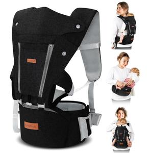 Baby Carrier Newborn to Toddler- 6 in 1 Baby Carrier with Hip Seat, Baby Body Holder with Back Support, Ergonomic, Cozy and Lightweight Infant Carrier Backpack Carrier (Black)