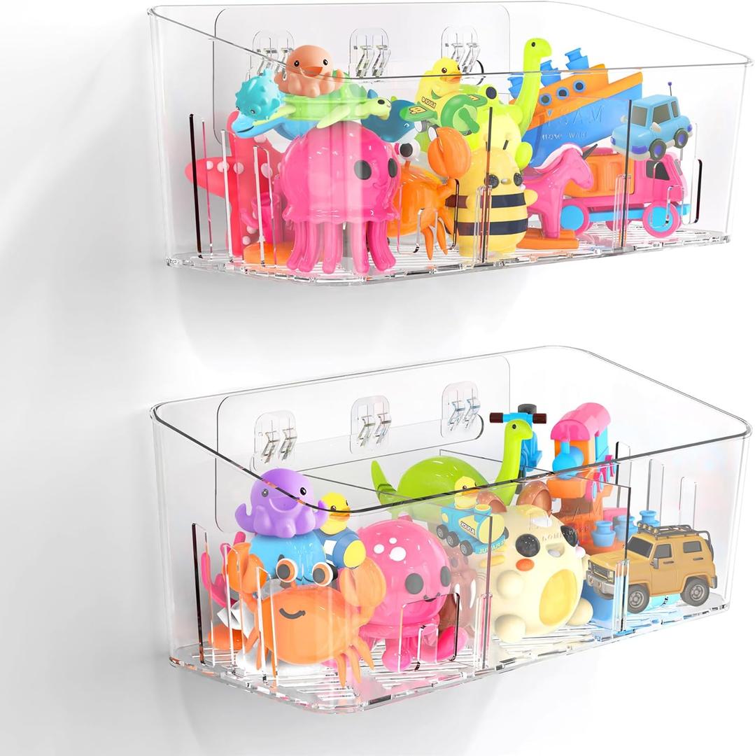 Lysam Bath Toy Storage 2 Packs, Large Bath Toy Holder with 3 Compartment, Quick Dry Bathtub Toy Organizer, Bath Tub Toy Net, Shower Toy Basket & Bin, Bathroom Accessories for Baby, Toddler, Kids（Clear）