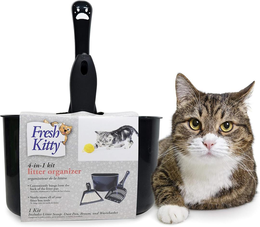 Fresh Kitty 4-in-1 Litter Box Organizer Cleanup Kit  Cat Litter Box Cleaning Supplies  Sweeper & Dustpan, Scooper, Storage Caddy, Charcoal