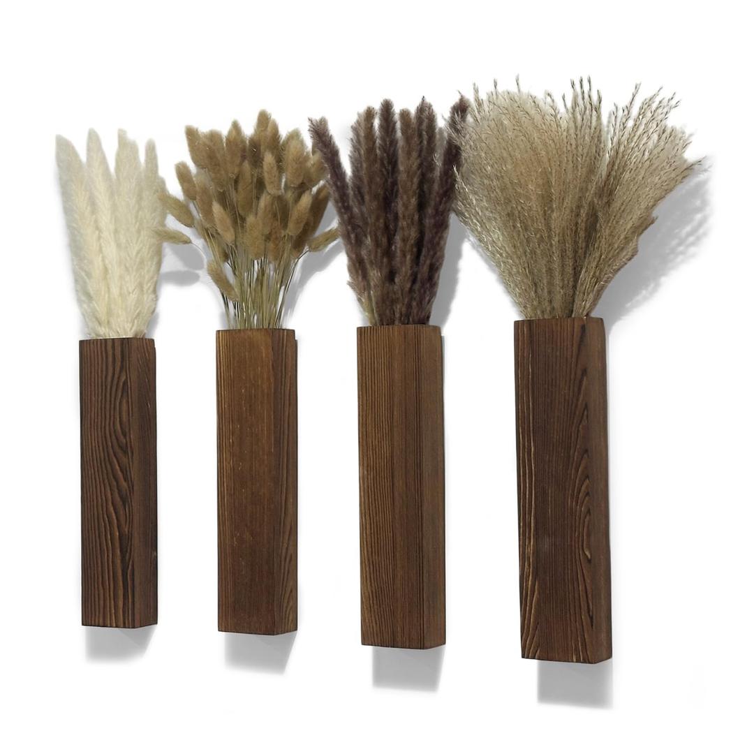 Sawoake 4-Piece Wooden Hanging Wall Vase Set with Pampas Grass and Eucalyptus Dried Flowers, Modern Farmhouse Home Decor for Living Room Entryway Bathroom Hallway Dining Room（Walnut）