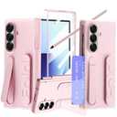 YQODSZ for Samsung Galaxy Z Fold 6 Case with S Pen Slot & Stylus, [with Card Slot] Z Fold 6 Hand Strap Case with Screen Protector Kickstand Hinge Protection Shockproof Wristband Protective Case Pink