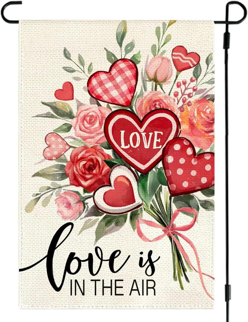 Valentines Day Floral Garden Flag 12x18 Inch Double Sided Outside Small, Love is in the Air Heart Roses Holiday Yard Porch Outdoor Flag Anniversary Wedding Decoration (Red)