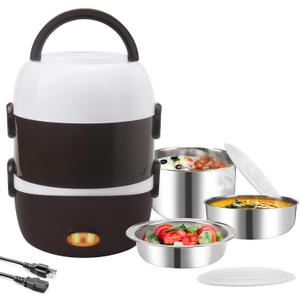3 Layers Electric Warmer Lunch Box Food Heater Portable Bento Rice Cooker Office Lunch Containers Warming Home Food Grade Material Steamer with Stainless Steel Bowls, Egg Steaming Rack -Brown