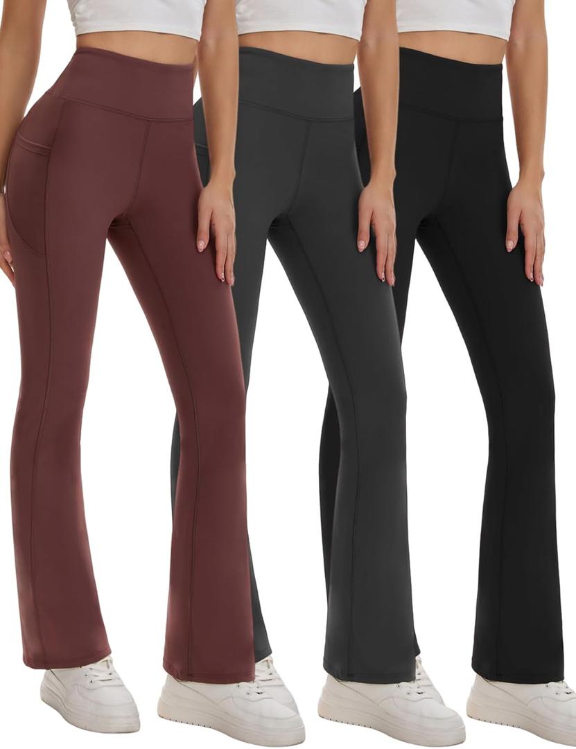 3 Packs Women's Flare Leggings with Pockets, Soft High Waisted Tummy Control Bootcut Workout Yoga Pants (L)