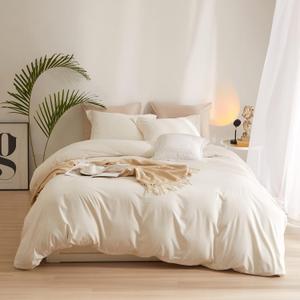 AMWAN Boho 3 Pieces Queen Size Soft Washed Microfiber Cream White Duvet Cover Set with Zipper Closure - Off White 90x90 Comforter Cover, 2 Pillowcases