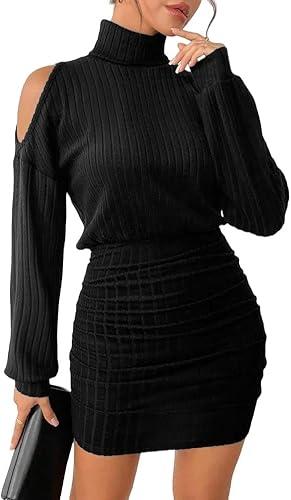 Women's Pullover Sweater Dress Long Lantern Sleeve Turtle Neck Cute Ribbed Knit Bodycon Mini Short Dress 2025 Fall Size M Black