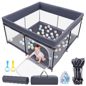 Foldable Baby Playpen with Mat, 50''x50'' Playpen for Babies and Toddlers, Play Pen for Baby with Gate, Breathable, Collapsible Play Yard with Bag (Dark Grey, M)