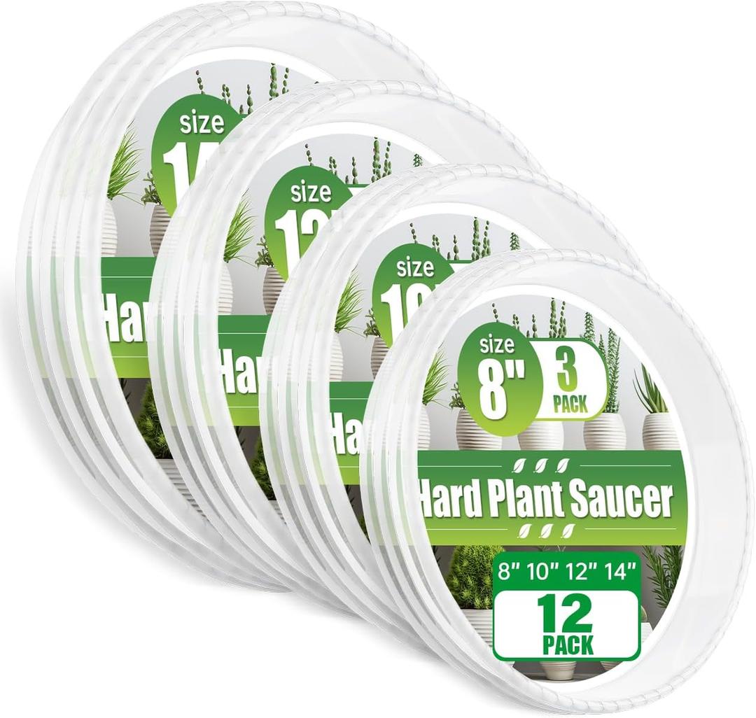 RooTrimmer 12 Pack Clear Plant Saucers for Pots,8" 10" 12" 14 Inch Assorted Sizes,Heavy Duty Thick Plastic Drip Trays,Indoor Outdoor Flower Pot Trays for Floor Protection(3 of Each Size)