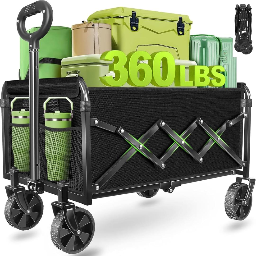 Wagons Carts Foldable - Collapsible Wagon Cart with Wheels  Folding Foldable Wagon Small Portable Lightweight for Sports, Camping, Storage, Travel, Shopping (Deep Black)