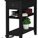 ChooChoo Narrow End Table with Charging Station, Side Table Living Room with USB Ports & Power Outlets and Hidden Drawer, 3-Tier Skinny Nightstand with 2 Open Storage Shelves for Small Place (Black)