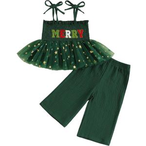 FIOMVA Christmas Toddler Baby Girl Outfit Spaghetti Strap Top Linen Pant Set Kids Little Girls Xmas Dress Clothes (18-24 Months, Xmas Merry Green)