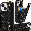 Petitian for iPhone 15 Plus Case with Wallet - Women Girls Cute Girly Aesthetic Unique Design with Leather Credit Card Holder Cardholder Stand Wristband for Apple 15 Plus, Black Butterfly