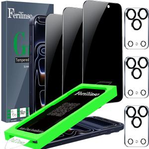 Ferilinso Privacy Screen Protector for iPhone 17 Pro Max, Tempered Glass
3 Pack, 9H Hardness, Military-Grade Shatterproof, Case Friendly, Easy Installation Bubble Free, with Camera Lens Protectors