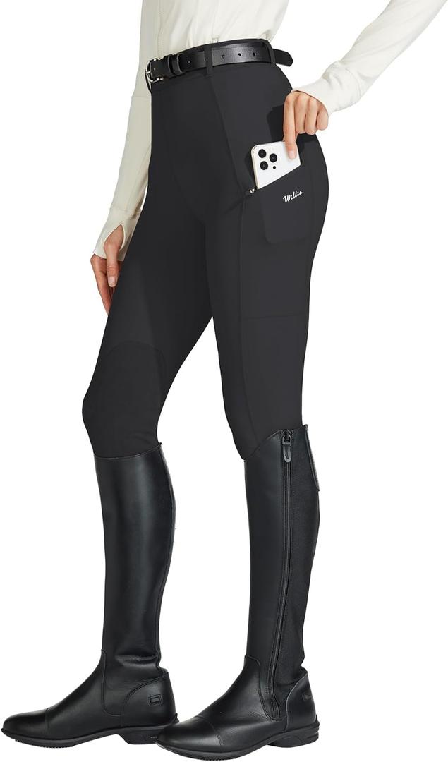 Willit Women's Horse Riding Pants Knee-Patch Equestrian Breeches Horseback Schooling Tights Zipper Pockets (Black, L)