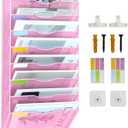 8 Pockets Mesh Wall File Holder Organizer Office Hanging File Folder Magazine Rack, Nametag Label Hooks Set Included (Pink)