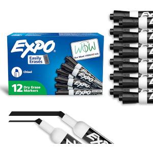 EXPO Low Odor Dry Erase Markers Black Chisel Tip for Versatile Lines Perfect for Home Classroom and Office Pack of 11