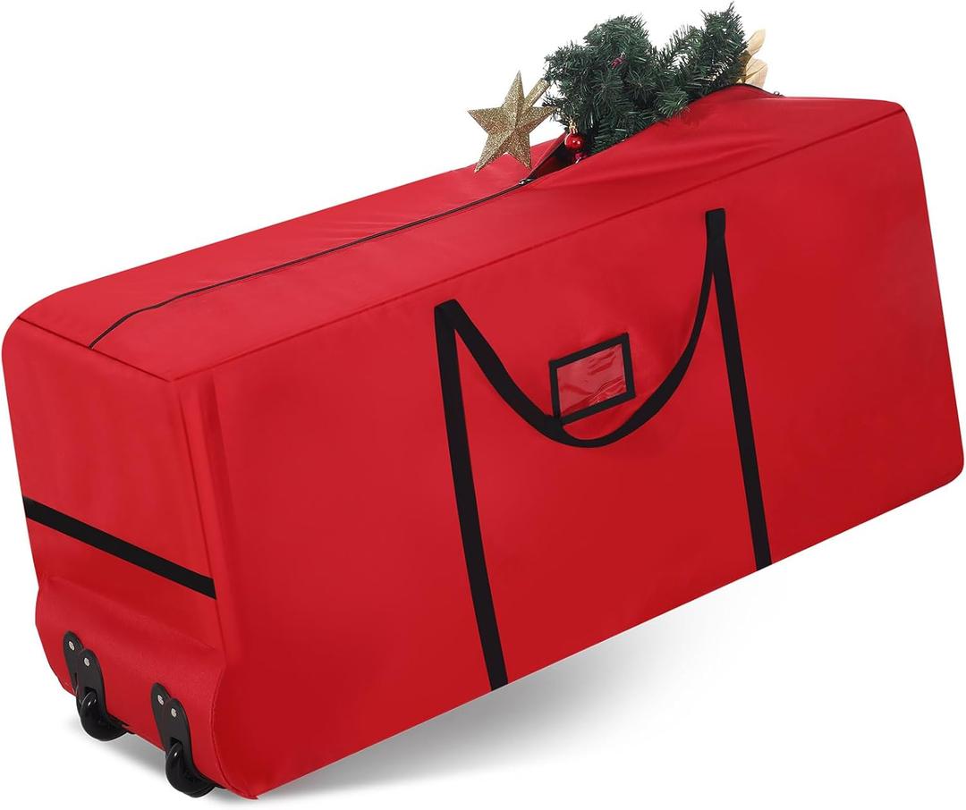 7.5 Ft Heavy Duty Christmas Tree Storage Bag 900d Oxford Fabric with Wheels and Reinforced Handles, Durable Xmas Storage Box for Disassembled Holiday Tree (7.5 ft,Red)
