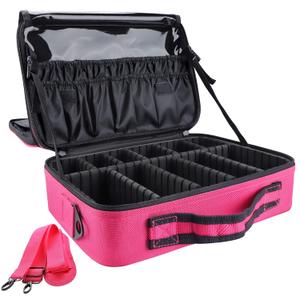 gzcz Travel Makeup Bag,Professional Cosmetic Bags for Women,Portable Makeup Brush Case Organizer Storage with Adjustable Dividers and Shoulder Strap (Medium) (Rose Red)