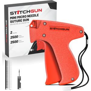 Stitch Gun Stitchy Gun Kit - Mini Micro Handheld Needle Stitching, Sewing, Hemming Stitch Gun for Clothes - Ergonomic Design, Protective Cap - Includes 5000 Fasteners, 2 Needles (Red)