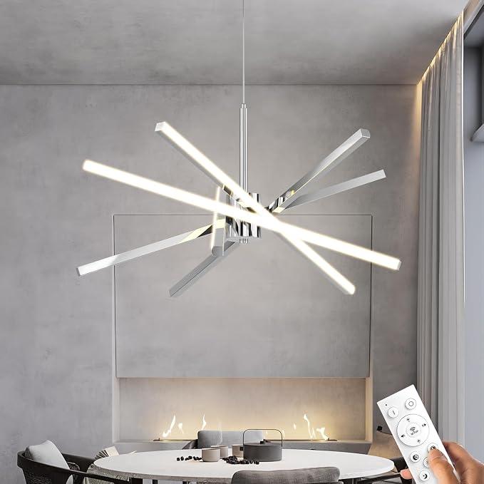 Modern Sputnik Chandelier Ceiling 82W LED Chrome Pendant Light Embedded Mount Chandeliers Dining Room Light Fixtures Over Table Dimmable with Remote Control for Living Room Kitchen Bedroom (Chrome)
