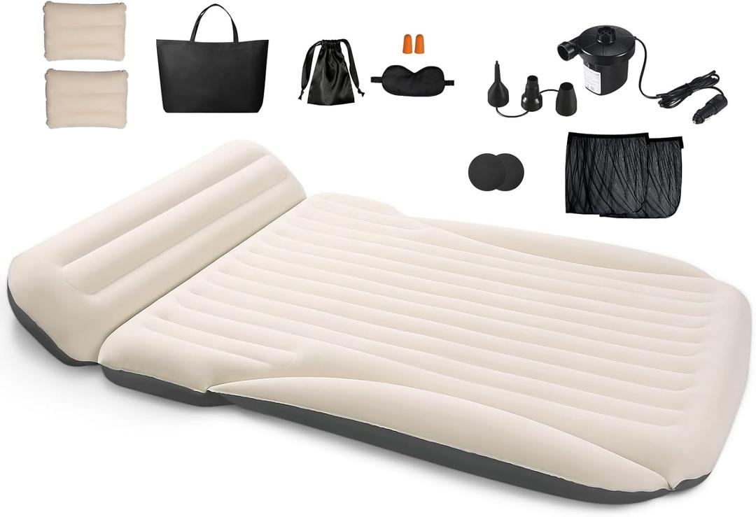 Ciremiv Car Bed with The Most Complete Sleeping Accessories,Leakproof Durable Car Air Mattress, Pillow & Pump for SUV Minivan Mpv Road Trip Inflatable Bed,White + Gray