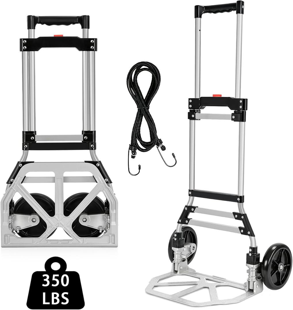 Folding Hand Truck, 350 LBS Capacity Heavy Duty Aluminum Dolly Cart with 6.7inch Large Wheels, Portable Collapsible Luggage Trolley for Moving, Travel, Shopping, Airport, and Office Use
