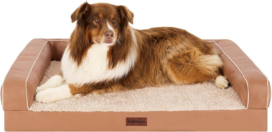Furhaven Cooling Dog Sofa Bed  Memory Foam Couch with Bolsters, Textured Plush & Water-Resistant Cover, Washable Cover - Camel, Jumbo
