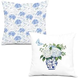 XUNLURY Chinoiserie Hydrangea Floral Pillow Covers 18x18 Set of 2, Grandmillennial Home Decor, Cottagecore Room Decor, Blue and White Hydrangea Flower Decorative Throw Pillow Covers